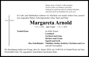 Traueranzeige von Margareta Arnold von Neustadt/ Scheinfeld/ Uffenheim