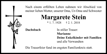 Traueranzeige von Margarete Stein von Neustadt/ Scheinfeld/ Uffenheim