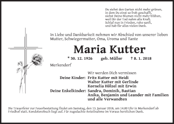 Traueranzeige von Maria Kutter von Ansbach