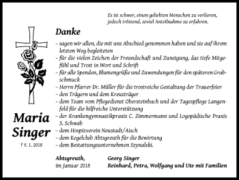 Traueranzeige von Maria Singer von Neustadt/ Scheinfeld/ Uffenheim