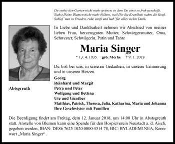 Traueranzeige von Maria Singer von Neustadt/ Scheinfeld/ Uffenheim