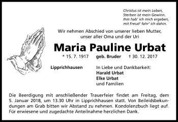 Traueranzeige von Maria Pauline Urbat von Neustadt/ Scheinfeld/ Uffenheim