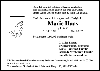 Traueranzeige von Marie Haas von Rothenburg