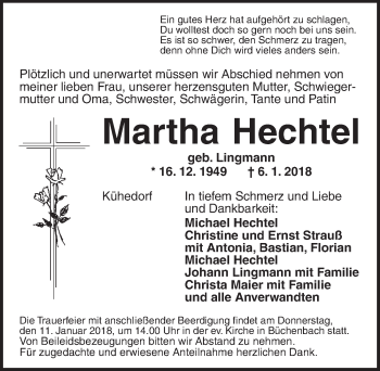 Traueranzeige von Martha Hechtel von Ansbach