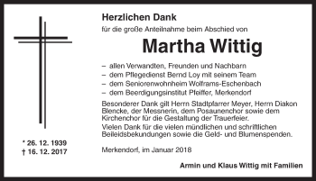 Traueranzeige von Martha Wittig von Ansbach