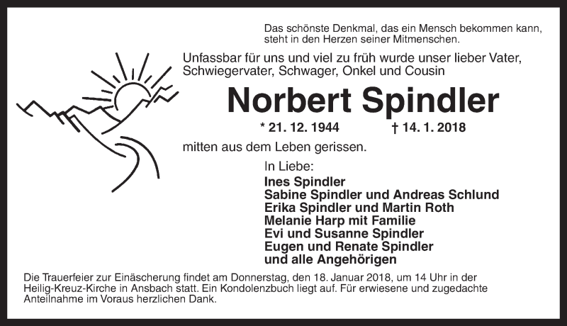  Traueranzeige für Norbert Spindler vom 17.01.2018 aus Ansbach