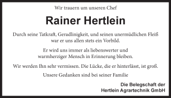 Traueranzeige von Rainer Hertlein von Dinkelsbuhl/ Feuchtwangen