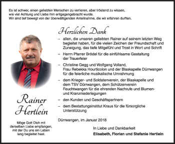 Traueranzeige von Rainer Hertlein von Fränkische Landeszeitung