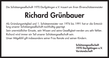 Traueranzeige von Richard Grünbauer von Dinkelsbuhl/ Feuchtwangen