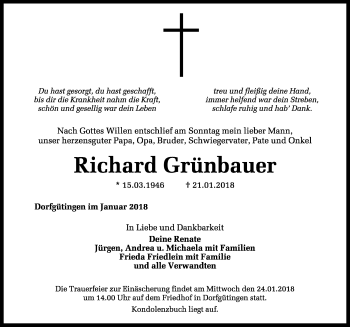 Traueranzeige von Richard Grünbauer von Rothenburg