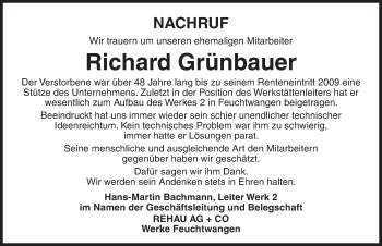 Traueranzeige von Richard Grünbauer von Dinkelsbuhl/ Feuchtwangen