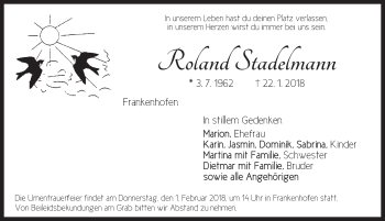 Traueranzeige von Roland Stadelmann von Dinkelsbuhl/ Feuchtwangen