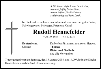 Traueranzeige von Rudolf Hennefelder von Neustadt/ Scheinfeld/ Uffenheim