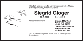 Traueranzeige von Siegrid Gloger von Dinkelsbühl/ Feuchtwangen