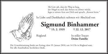 Traueranzeige von Sigmund Binhammer von Ansbach