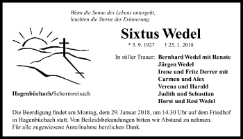 Traueranzeige von Sixtus Wedel von Neustadt/ Scheinfeld/ Uffenheim