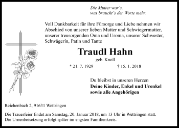 Traueranzeige von Traudl Hahn von Fränkische Landeszeitung