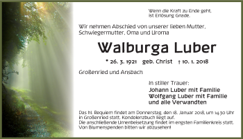 Traueranzeige von Walburga Luber von Dinkelsbühl/ Feuchtwangen