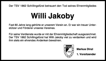 Traueranzeige von Willi Jakoby von Rothenburg