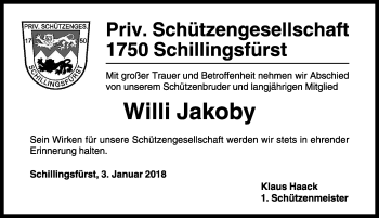 Traueranzeige von Willi Jakoby von Rothenburg