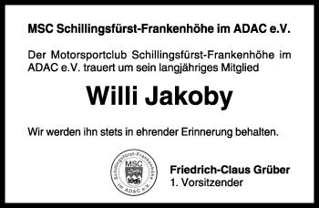 Traueranzeige von Willi Jakoby von Rothenburg