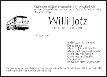 Traueranzeige von Willi Jotz von Dinkelsbuhl/ Feuchtwangen