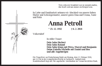 Traueranzeige von Anna Petroll von Ansbach