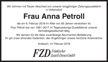 Traueranzeige von Anna Petroll von Ansbach