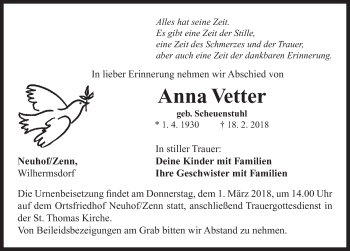 Traueranzeige von Anna Vetter von Neustadt/ Scheinfeld/ Uffenheim