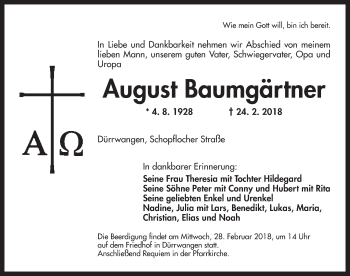 Traueranzeige von August Baumgärtner von Dinkelsbühl/ Feuchtwangen