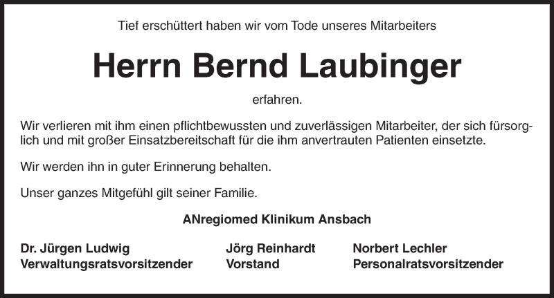  Traueranzeige für Bernd Laubinger vom 27.02.2018 aus Ansbach