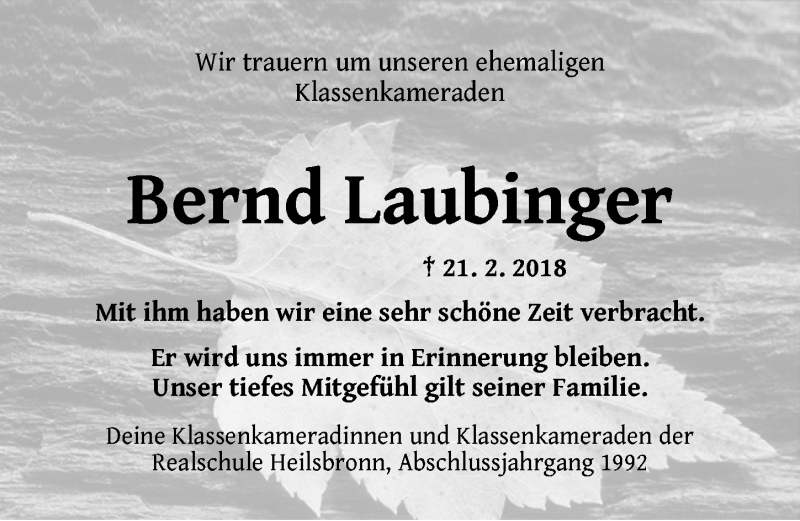  Traueranzeige für Bernd Laubinger vom 26.02.2018 aus Ansbach