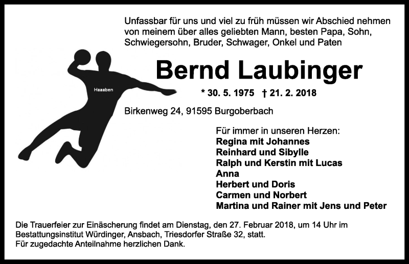  Traueranzeige für Bernd Laubinger vom 24.02.2018 aus Ansbach