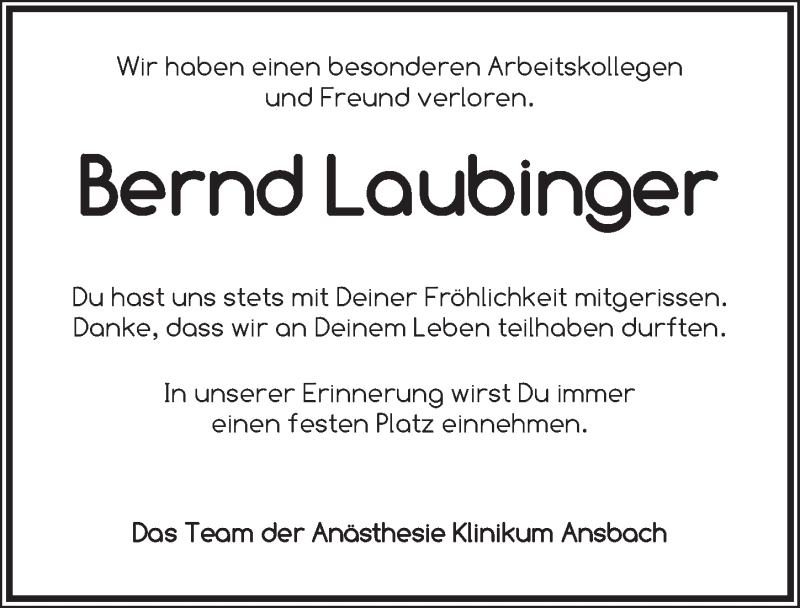  Traueranzeige für Bernd Laubinger vom 26.02.2018 aus Ansbach