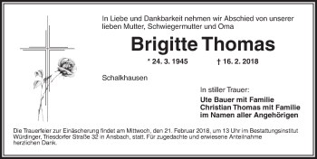 Traueranzeige von Brigitte Thomas von Ansbach