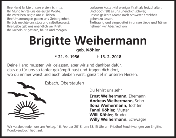 Traueranzeige von Brigitte Weihermann von Dinkelsbuhl/ Feuchtwangen