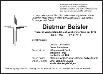 Traueranzeige von Dietmar Beisler von Ansbach