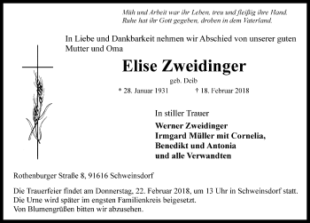 Traueranzeige von Elise Zweidinger von Rothenburg