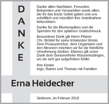 Traueranzeige von Erna Heidecker von Dinkelsbühl/ Feuchtwangen