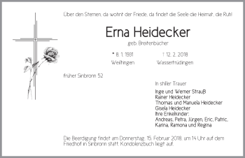 Traueranzeige von Erna Heidecker von Dinkelsbühl/ Feuchtwangen