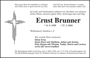 Traueranzeige von Ernst Brunner von Dinkelsbuhl/ Feuchtwangen