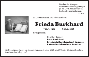 Traueranzeige von Frieda Burkhard von Dinkelsbuhl/ Feuchtwangen