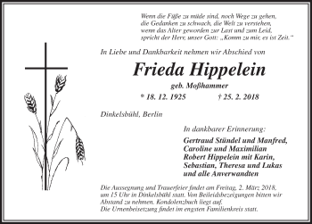 Traueranzeige von Frieda Hippelein von Dinkelsbuhl/ Feuchtwangen