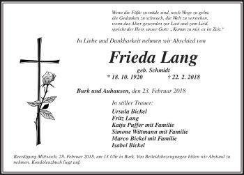 Traueranzeige von Frieda Lang von Dinkelsbühl/ Feuchtwangen