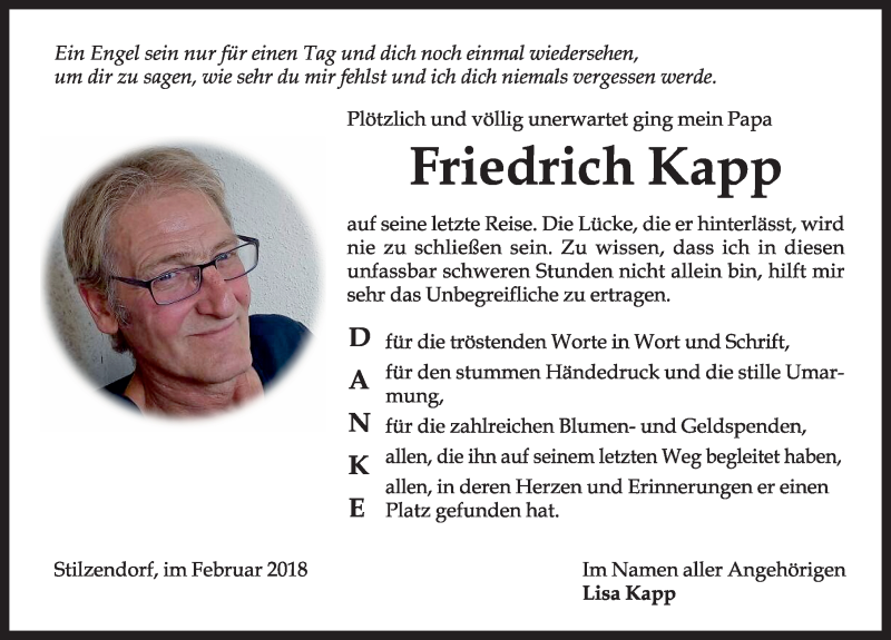  Traueranzeige für Friedrich Kapp vom 22.02.2018 aus Rothenburg