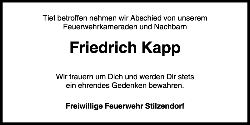  Traueranzeige für Friedrich Kapp vom 10.02.2018 aus Rothenburg