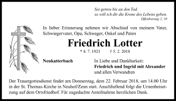 Traueranzeige von Friedrich Lotter von Neustadt/ Scheinfeld/ Uffenheim