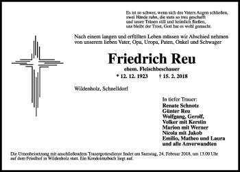 Traueranzeige von Friedrich Reu von Rothenburg