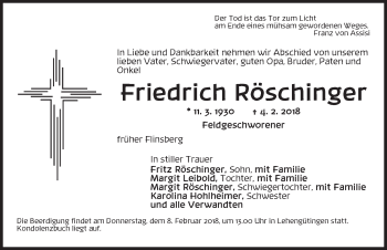 Traueranzeige von Friedrich Röschinger von Dinkelsbühl/ Feuchtwangen