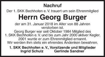 Traueranzeige von Georg Burger von Dinkelsbühl/ Feuchtwangen